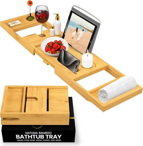 An elegant tray that holds your book, candle, and glass of wine, transforming your bath into a spa-like experience. **“Create a bath moment you actually look forward to.”**