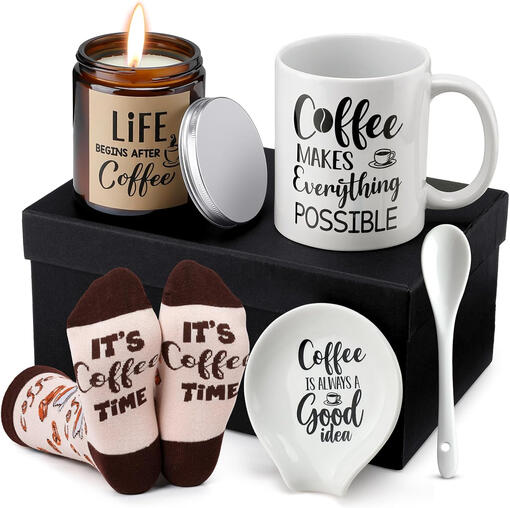 Vabean Coffee Lover Gift Set Includes a mug, spoon rest, candle, and socks for coffee enthusiasts.